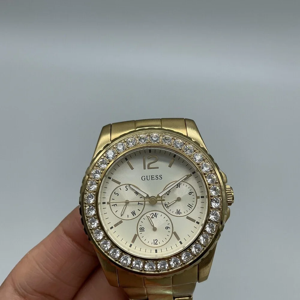 Guess U12005L1 Womens Watch 37mm Gold Tone Crystals Day Date New Battery 6.25